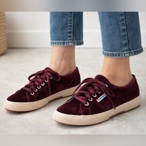 Superga Burgundy Velvet Sneakers Size 7.5 Women Chic Casual Luxe Style